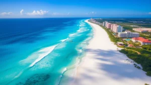 Aerial view of Cancun's turquoise Caribbean waters with white sand beaches and resort hotels along the coastline, bright sunny day with clear blue sky