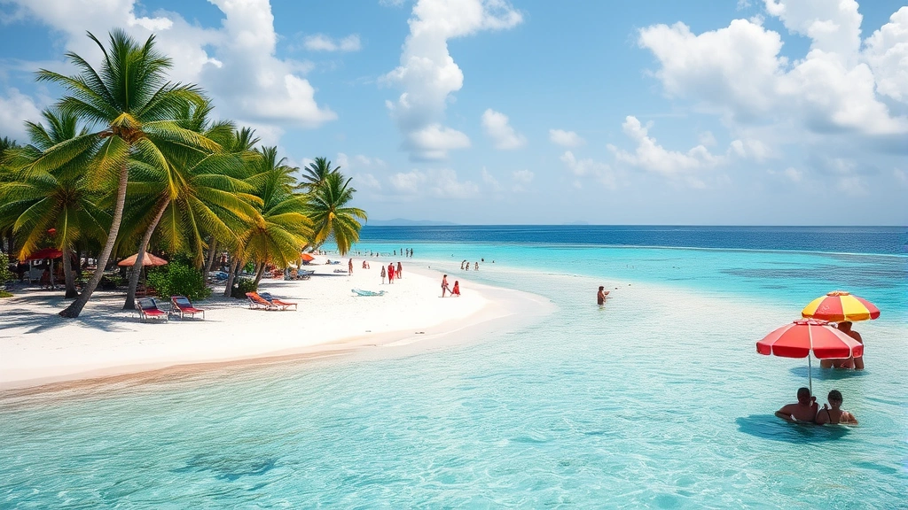 Tropical beach scene in Cancun showing crystal clear turquoise water, white sandy beach, palm trees, and colorful beach umbrellas with tourists enjoying the paradise destination