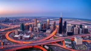 Aerial view of Houston skyline with highways and Hobby Airport in distance, golden hour lighting, modern city landscape