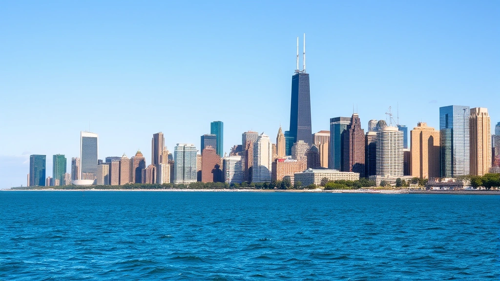 Chicago skyline with Lake Michigan, Willis Tower prominent, blue water reflecting downtown buildings, scenic urban vista