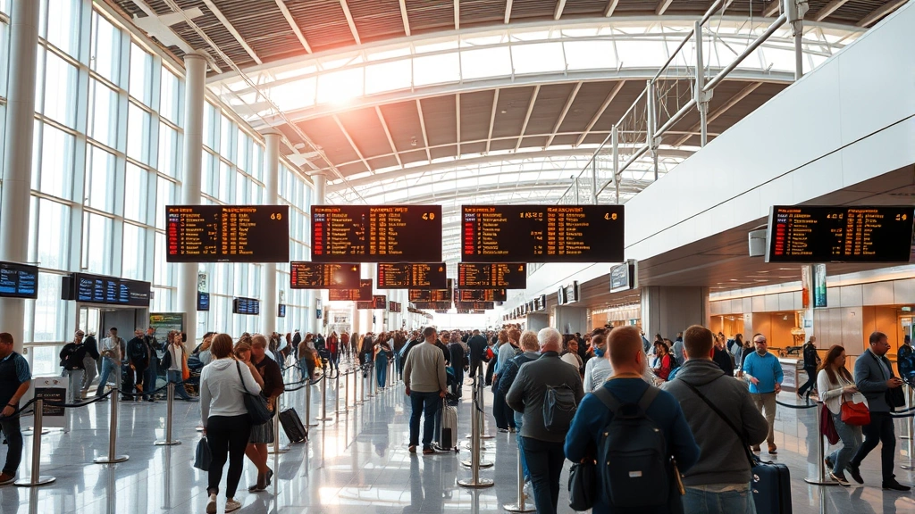 Busy airport terminal interior with travelers at gates, departure boards, natural light from windows, modern airport architecture