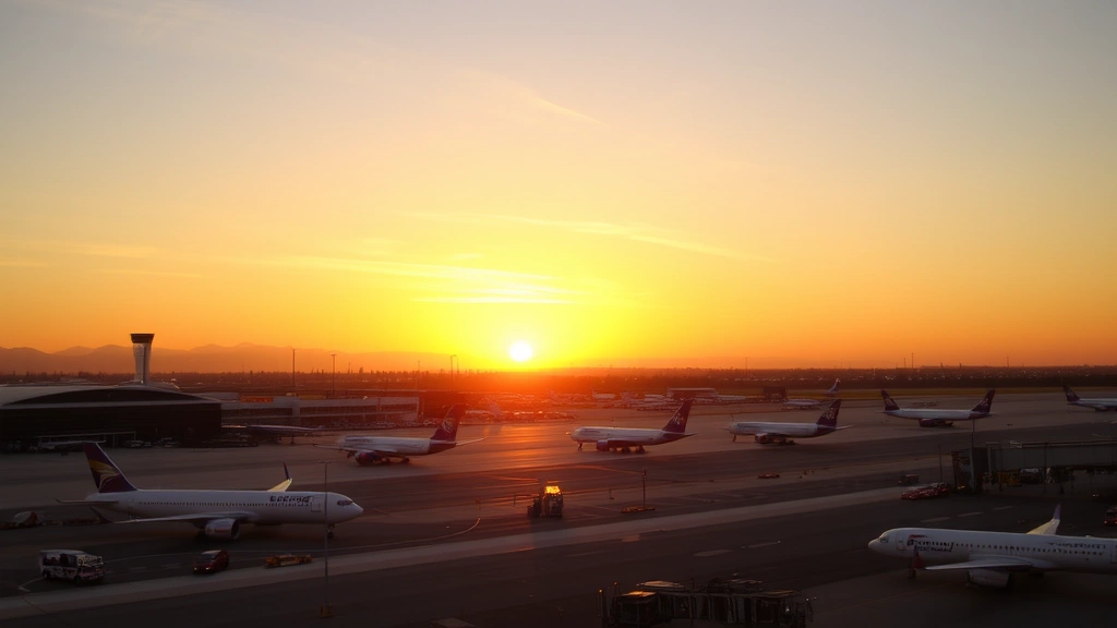 Sunset view of Los Angeles International Airport (LAX) with planes on tarmac, warm golden light, modern terminal buildings visible