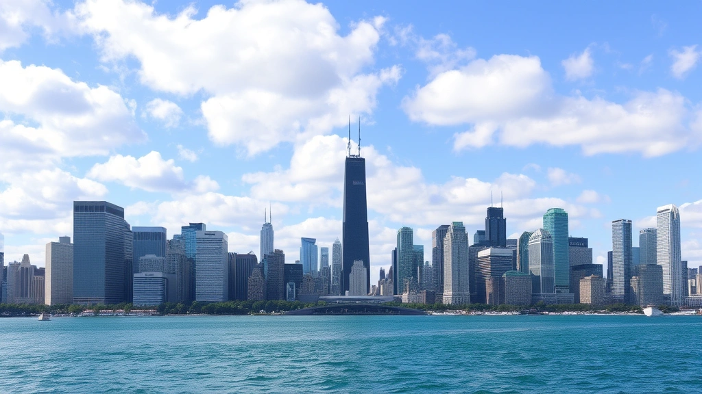 Chicago skyline with Lake Michigan waterfront, Willis Tower prominent, blue sky with white clouds, downtown cityscape panorama