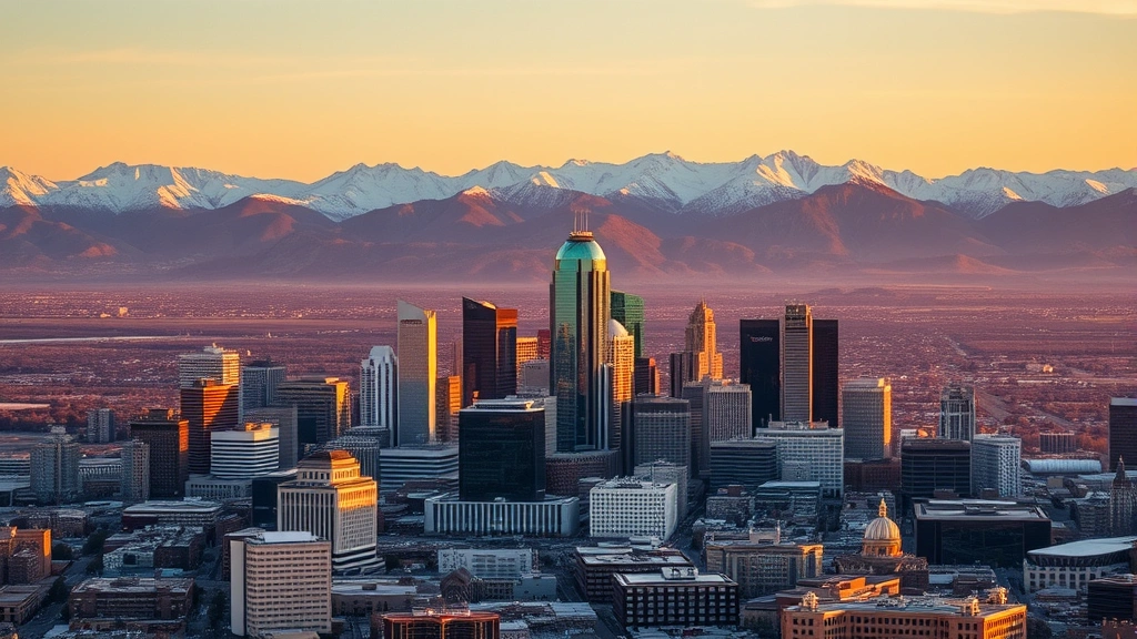 Aerial view of Denver skyline with Rocky Mountains in background at golden hour, showing downtown skyscrapers and urban landscape with snow-capped peaks