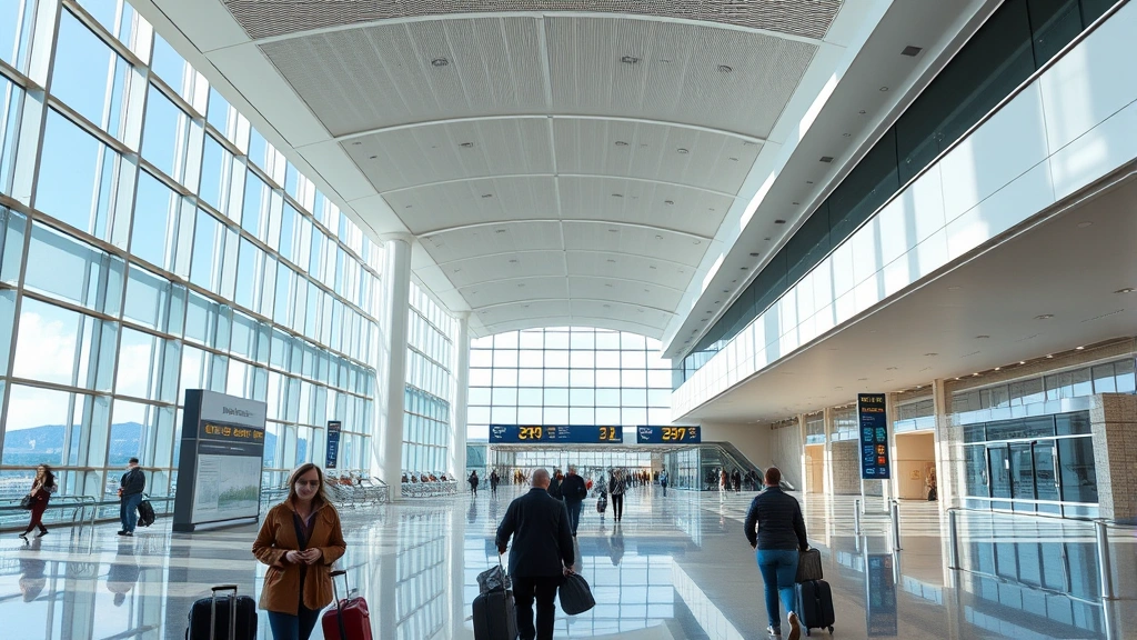 Salt Lake City airport terminal interior with modern architecture, travelers walking with luggage, bright natural lighting, contemporary design elements visible