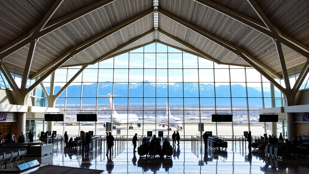 Denver International Airport modern terminal with distinctive peaked roof architecture, travelers at gates, mountains visible through large windows, contemporary aviation hub