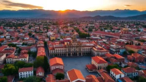 Aerial view of Durango Mexico colonial city center with historic Plaza de Armas, terracotta roofs, and surrounding Sierra Madre mountains at golden hour sunset, photorealistic landscape photography