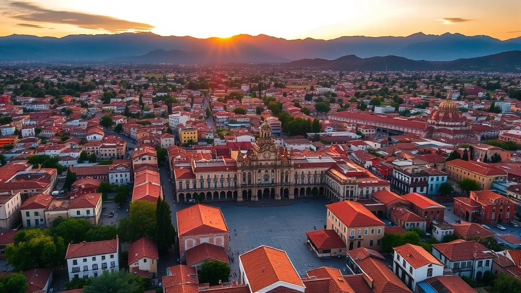 Aerial view of Durango Mexico colonial city center with historic Plaza de Armas, terracotta roofs, and surrounding Sierra Madre mountains at golden hour sunset, photorealistic landscape photography