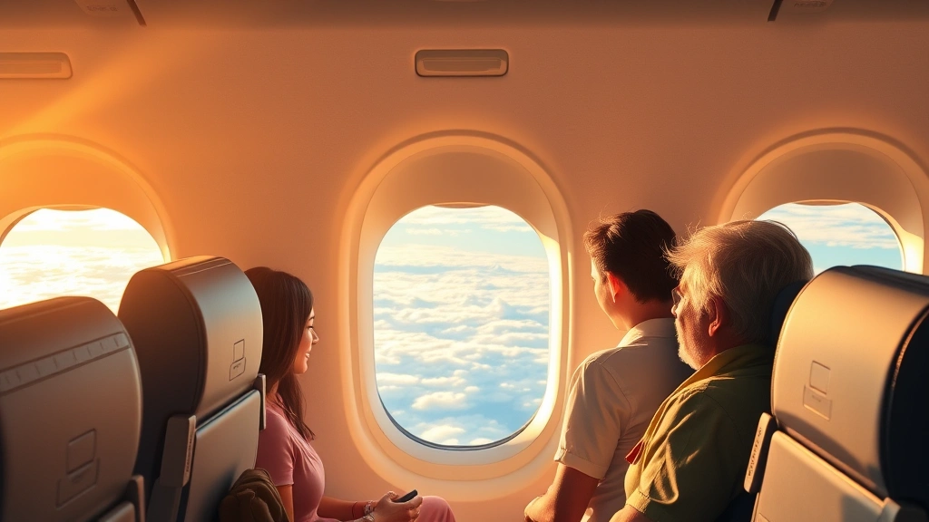 Modern airplane cabin interior during flight with passengers, window showing distant mountains and clouds, warm natural lighting, photorealistic travel photography