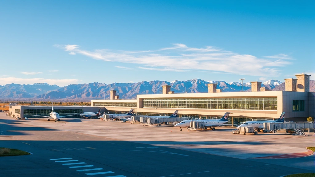 Durango International Airport terminal exterior with modern architecture, planes at gates, blue sky, and distant desert mountains, photorealistic daytime photograph
