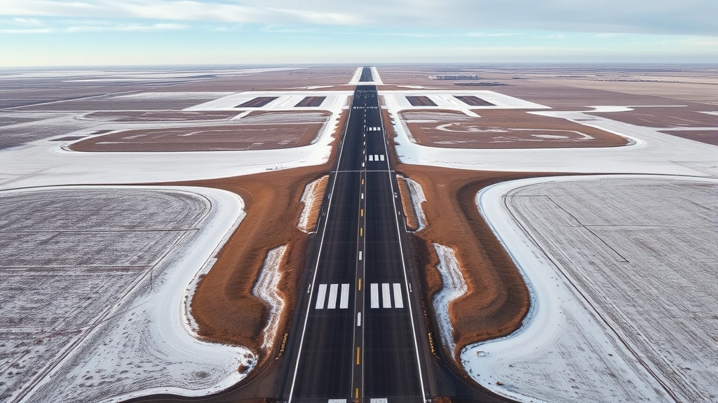Aerial view of Hector International Airport runway with North Dakota prairie landscape stretching to horizon, winter snow coverage, no text or signage visible