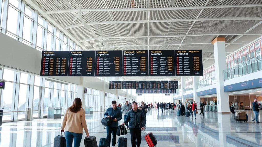 Modern airport terminal interior with flight information displays showing departure boards, natural lighting from windows, travelers with luggage, vibrant and busy atmosphere