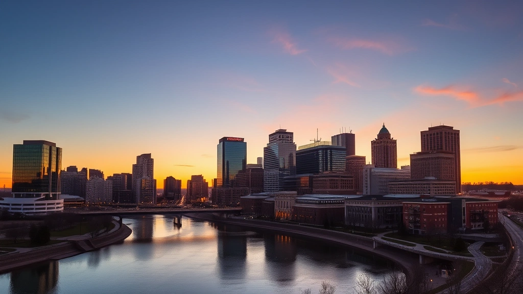 Scenic Fargo downtown skyline at sunset with Missouri River, modern buildings and historic architecture blended together, golden hour lighting, no street signs or text