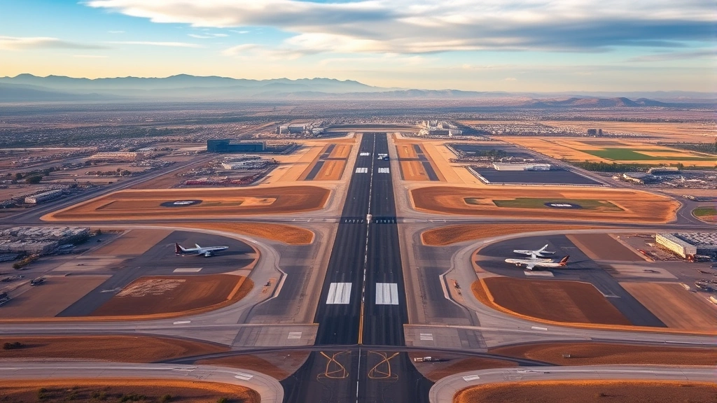 Aerial view of Fresno Yosemite International Airport runway with California Central Valley landscape stretching to distant mountains, golden hour lighting, photorealistic