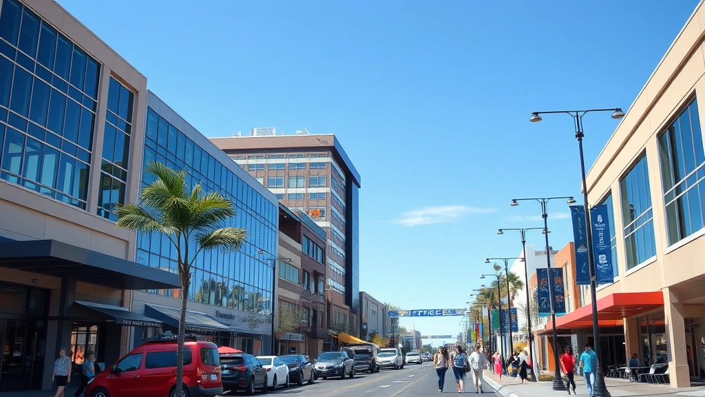 Vibrant downtown Fresno street scene with modern architecture, people walking, street cafes, and clear California sky, daytime, photorealistic, no text visible