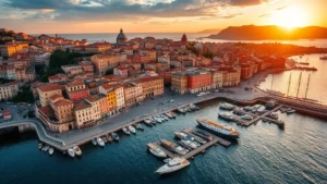 Aerial view of Genoa's historic harbor with colorful buildings, boats, and Mediterranean coastline at golden hour sunset, photorealistic travel photography