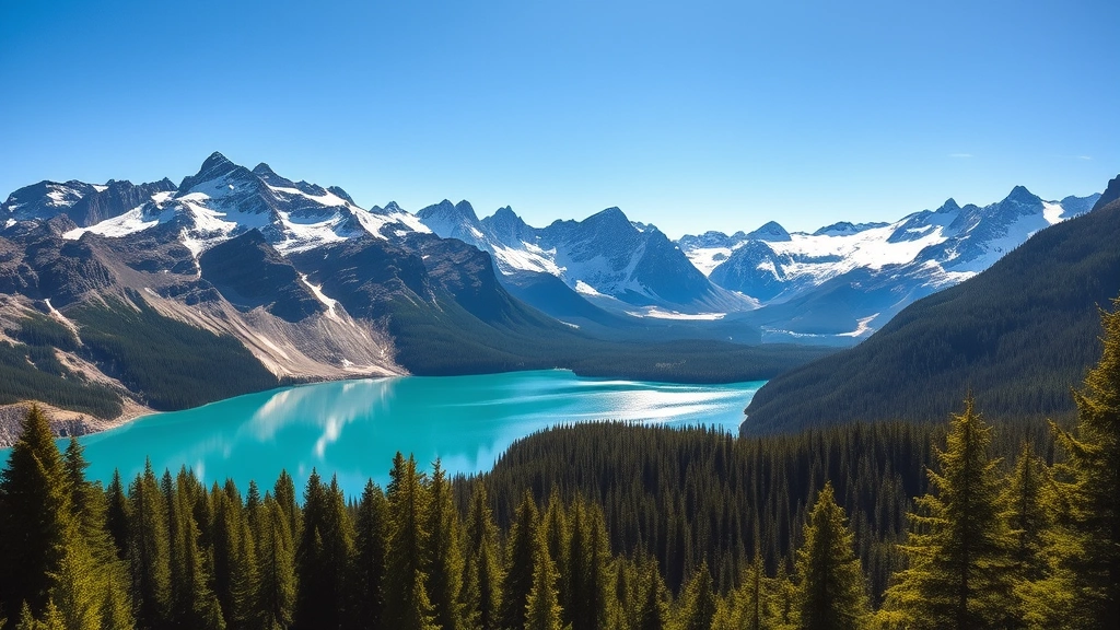 Turquoise alpine lake surrounded by jagged snow-capped mountain peaks, evergreen forest shoreline, clear blue sky, morning sunlight reflecting off water
