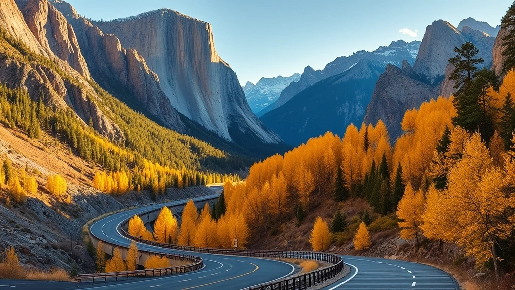 Scenic mountain highway winding through valley with dramatic granite cliffs, autumn golden larch trees, roadside pullout with tourists, golden hour lighting