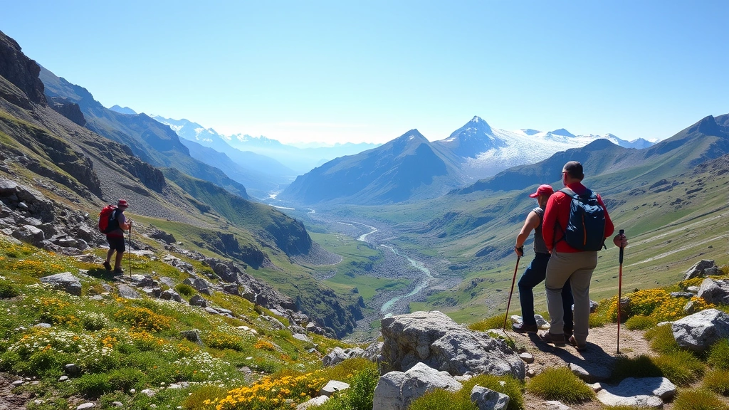 Hikers on rocky mountain trail overlooking glacier-fed valley stream, wildflower meadow, distant peaks with glaciers, summer alpine landscape, backpacks and hiking poles visible