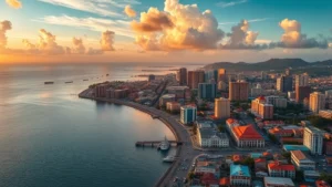 Aerial view of Kingston Jamaica skyline with Caribbean Sea, colorful buildings and harbor, golden hour lighting, photorealistic