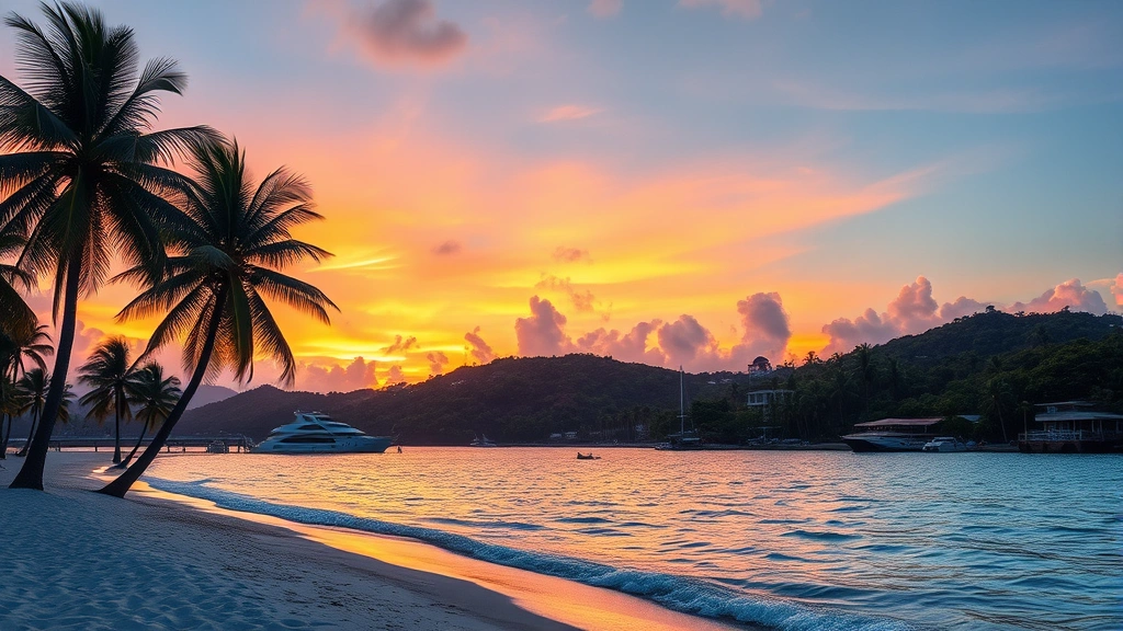 Sunset over Montego Bay beach with palm trees, turquoise water and white sand, tropical paradise vacation destination, photorealistic