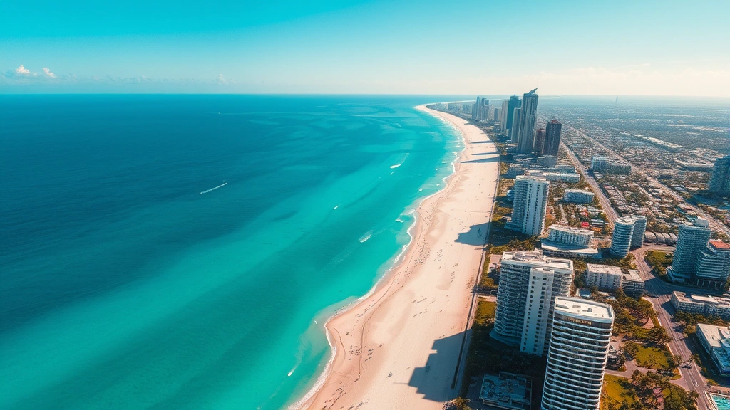 Aerial view of Miami skyline with turquoise ocean and white sandy beaches, bright sunny day with clear blue sky, photorealistic travel photography