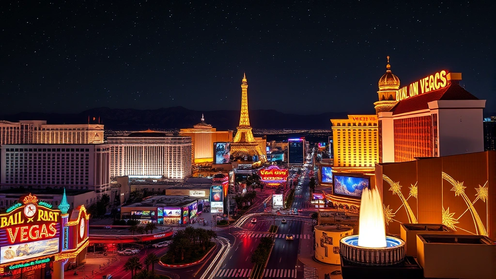 Las Vegas Strip at night with iconic casino lights and fountains glowing, desert stars visible above, vibrant neon reflections, photorealistic nighttime cityscape