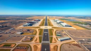 Wide aerial view of Lubbock Preston Smith International Airport with runway and terminal buildings visible from above, West Texas landscape, sunny day, photorealistic