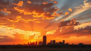 Lubbock Texas skyline at sunset with Texas Tech tower silhouetted against golden hour sky, dramatic clouds, expansive plains landscape