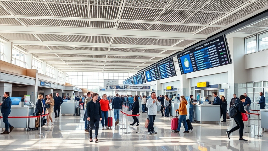 Busy modern airport departure hall with travelers checking in at counters, digital flight information displays showing destinations, bright natural lighting, realistic photography