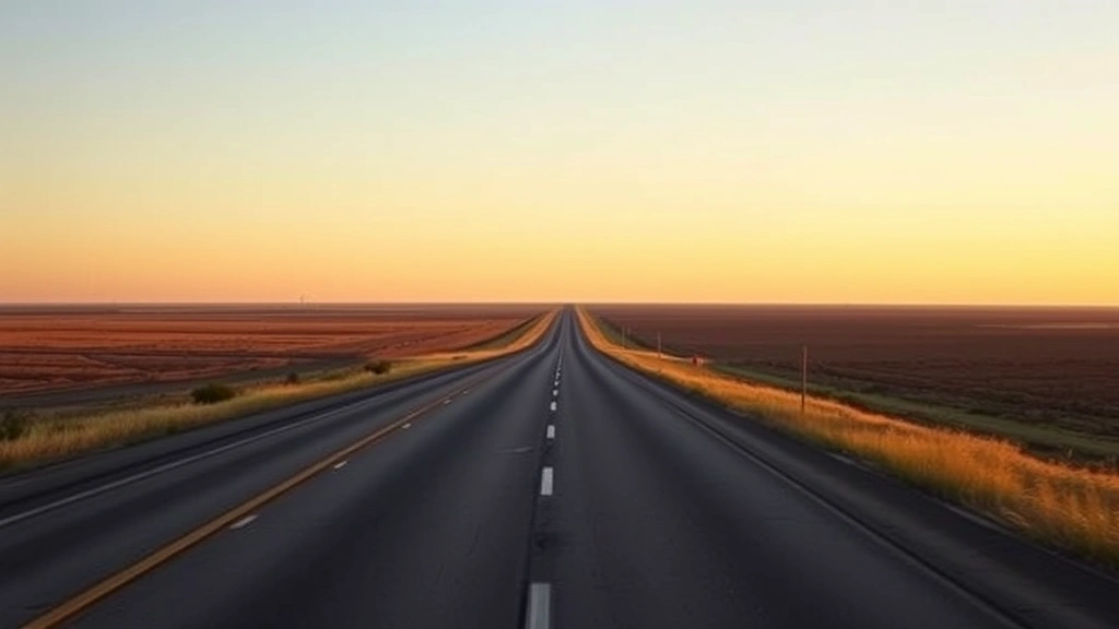 Texas highway stretching toward horizon with flat prairie landscape, scenic road trip perspective, golden hour lighting, realistic travel photography