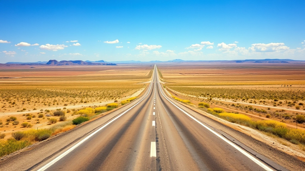 Highway stretching through vast Texas plains toward horizon, desert landscape with wildflowers, wide open spaces, scenic road trip perspective