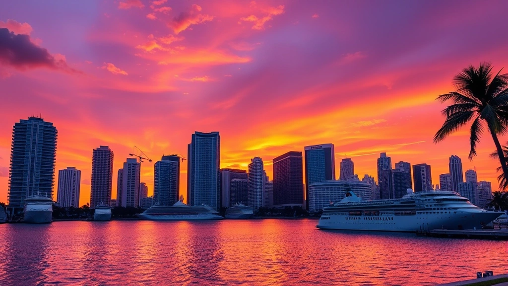 Vibrant Miami skyline at sunset with Biscayne Bay reflecting golden light, modern buildings, palm trees silhouetted against purple and orange sky, cruise ships in harbor, photorealistic travel photography