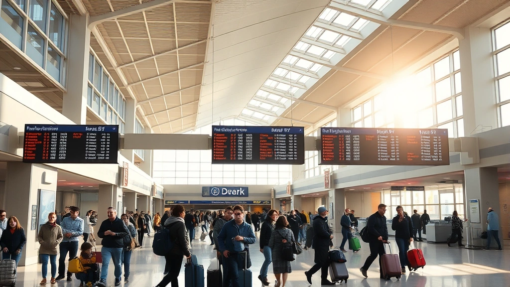 Newark Liberty International Airport interior terminal with departure boards, travelers with luggage, modern airport architecture, bright natural lighting from windows, busy gate areas, photorealistic airport scene
