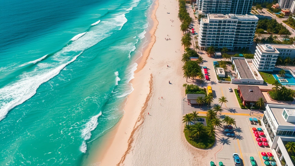 Aerial view of Miami Beach coastline with turquoise Atlantic Ocean, sandy beaches, Art Deco buildings, colorful umbrellas, palm trees lining streets, vibrant vacation atmosphere, photorealistic drone perspective