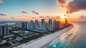 Aerial view of Miami skyline with turquoise ocean, sandy beaches, and palm trees at sunset, photorealistic travel photography