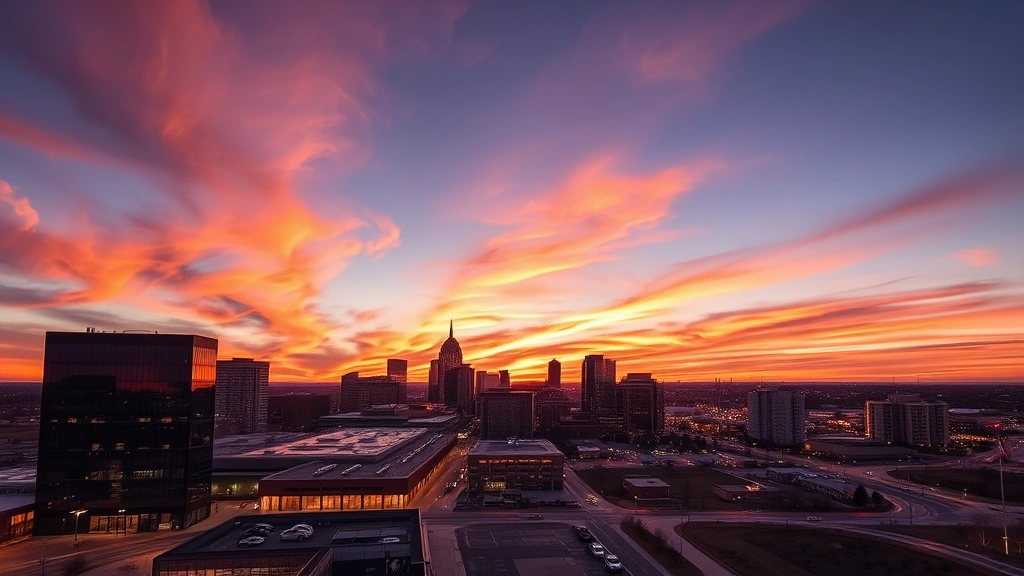 Midland Texas cityscape with downtown skyline at sunset, wide-angle landscape photography, golden hour lighting, vibrant orange and pink sky, modern buildings silhouetted against horizon, no text or signage visible