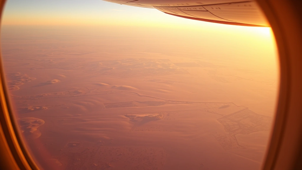 Airplane window view of West Texas landscape below, desert terrain with geometric patterns, sunset lighting casting long shadows across sand dunes and sparse vegetation, photorealistic aerial perspective