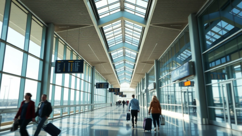 Midland-Odessa International Airport terminal interior, modern glass windows, departure boards visible but blurred, travelers with luggage moving through spacious hallway, natural daylight streaming through skylights, contemporary architecture