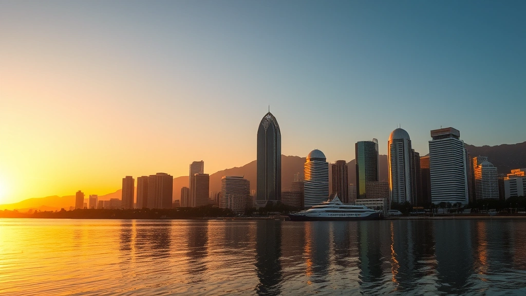 Monterrey skyline at golden hour with Cerro de la Silla mountain and modern skyscrapers reflecting in water