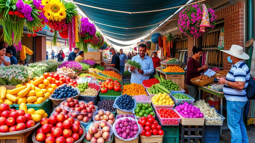 Vibrant outdoor market in Monterrey with colorful fresh produce, flowers, and local vendors selling traditional Mexican goods