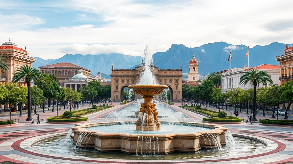 Macroplaza fountain and plaza in downtown Monterrey with historic architecture and mountain views in background