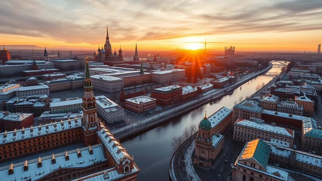 Aerial view of Moscow cityscape with Kremlin and Red Square visible from above during golden hour sunset, snow-covered rooftops, river winding through historic architecture, photorealistic landscape photography