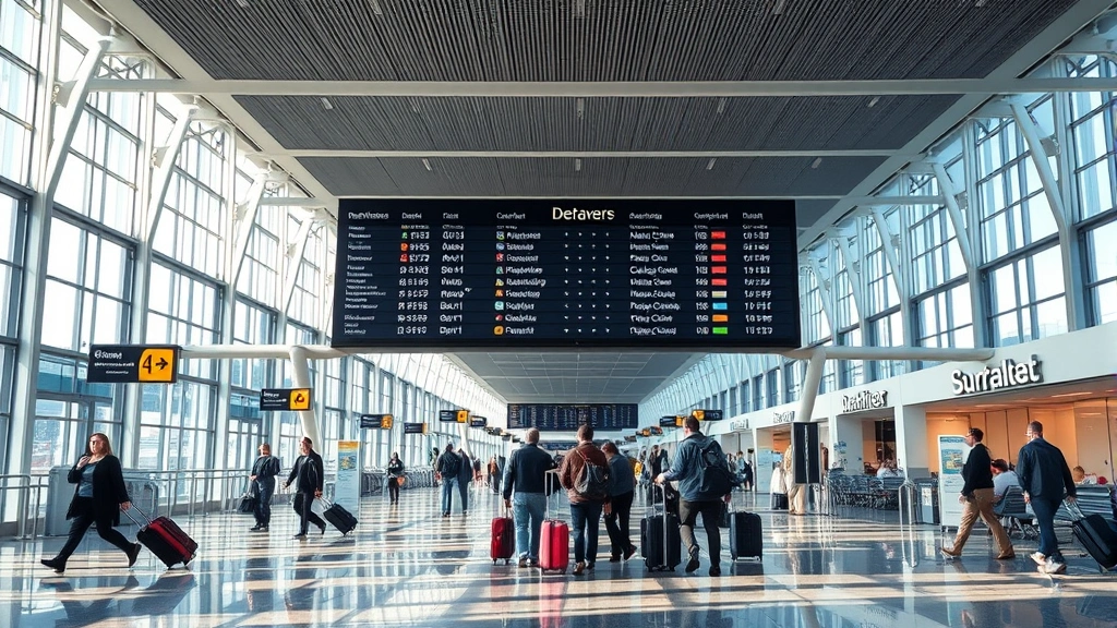 Inside modern airport terminal with departures board showing international flights, travelers with luggage, contemporary architecture with natural lighting, bustling travel hub atmosphere, photorealistic travel scene