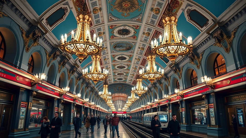 Moscow metro station with ornate chandeliers and classical Soviet architecture, passengers on platform, distinctive blue and red color scheme, grand interior design, photorealistic architectural photography