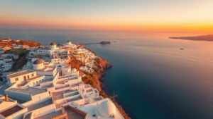 Aerial view of Mykonos island with white-washed buildings, windmills, and turquoise Aegean Sea surrounding the coastline at golden hour sunset, photorealistic travel photography