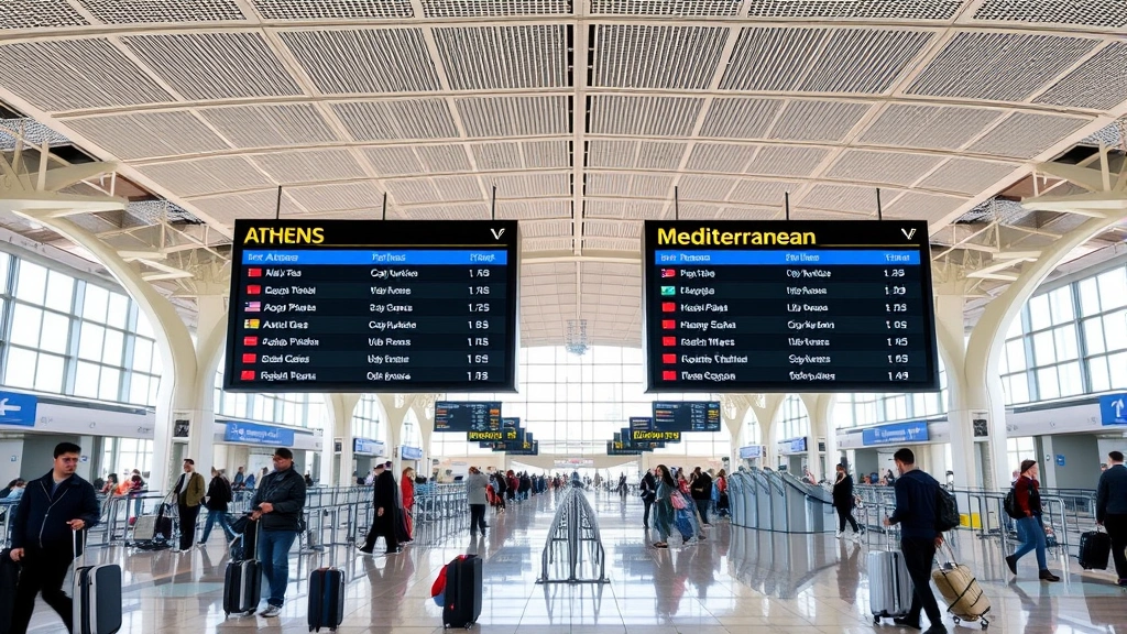 Inside an airport terminal with departure boards displaying flight information to Athens and Mediterranean destinations, modern airport architecture, travelers with luggage, realistic airport scene