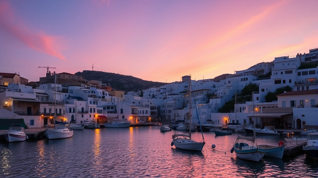 Mykonos harbor at dusk with traditional fishing boats, white cubic buildings cascading down hillside, Mediterranean sea reflecting purple and orange sky, romantic Greek island evening atmosphere