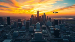 Aerial view of Dallas-Fort Worth skyline at golden hour with downtown skyscrapers and airplane landing in distance, vibrant sunset sky, photorealistic