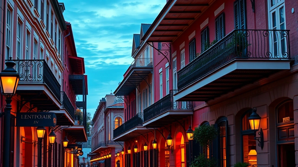Colorful New Orleans French Quarter street with historic architecture, wrought-iron balconies, and French colonial buildings at dusk, atmospheric lighting, photorealistic